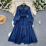 Dress Woman's Spring 2025 New French Elegant Embroidered Lantern Sleeves Waist Single Buckle Large Swing