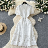 Squeer Hook Lace Dress Female French Waist Thin Temperament Short-Sleeved Long Dress 2025