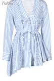 Fashion Women's Shirt V-neck Loose Single Breasted Lace Up Waist Blue Striped Irregular Blouse Summer 2023 New Tide
