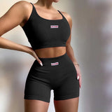 Solid Letter Label Women's Two Pieces Set Knitting Ribbed Gym Casual Crop Camisole & Shorts Active Tracksuit