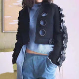 Ruffle Trim Black Jacket For Women Lapel Long Sleeve Solid Minimalist Solid Cut Out Jackets Female Fashion