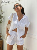 White Cotton Linen Women Outfit Pocket 2 Piece Shorts Set Short Sleeve Top And Shorts Summer Suit Casual Frill