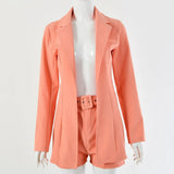 Long-Sleeved Jacket And Belt Shorts Solid Color Suit Jacket Single Button Casual Loose High Waist Hip Two-Piece