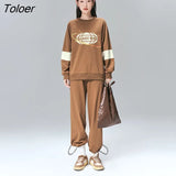 Women Sweatshirts 2022 Spring Long Sleeves O Neck Loose Hoodies Brown Planet Print Chic Casual