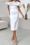 Temperament Slim Dress Women Slash Neck Short Sleeve High Waist Spliced Ruffles Solid Midi Dresses Female Summer