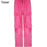 Pink Cargo Pants Y2k Cute Velvet Autumn Winter High Waist Sweatpants Baggy Pocket Casual Pants Women Jogging