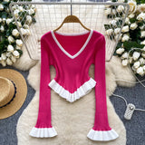 Striped Knitted Shirt Autumn Lotus Side Hem Horn Sleeves Slimmed Out Of The Bottom