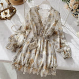 new fashion women's French dress female temperament V-neck long-sleeved chiffon floral