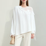 Toloer Chiffon Women's New Elegant Three-Dimensional Lace Pearl Yarn Micro Reveals Shoulder Belt Long-Sleeved Shirts In Spring