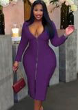 Plus Size V-Neck Zippers Long Bodycon