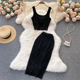 Summer Black/White Diamonds Dot Two Piece Set Women Sexy Square Collar Sleeveless Short Camis + Midi Bodycon Skirt Suit New