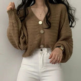 Party Sannian Women Weater Simple V-neck Big Button Loose Solid Color Lantern Sleeve Short Knit Cardigan Sweater Women Tops