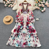 And Autumn French Court Style Temperament Thin French Chiffon Mesh Dress Female Big A-Word Print Long