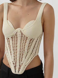 Fashion Women's Tank Tops Knitted Apricot Slim Sexy Square Collar Sleeveless Hem Irregular Tops Autumn 2023 New