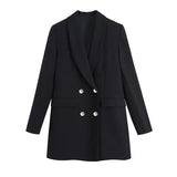Women Fashion Double-Breasted Blazer Coat Vintage Long Sleeve Pockets Female Outerwear Chic Veste