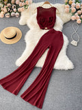 Women Summer Two Pieces Sets Sleeveless Slim Short Tops+High Waist Wide Legs Long Pants Fashion Long Two Piece