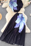 Print Women T Shirt Suit Top + Midi Long Large Swing Pleated Skirt Set For Woman Summer Clothing fashion Two Piece
