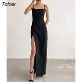 Black Sexy Slit Party Long Dress Woman 2022 Summer High Waist Maxi Dresses Female Square Neck Sleeveless Sundress