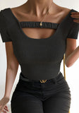 Sexy Square Collar Short Sleeves Solid Short