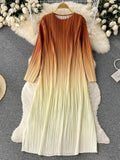 Autumn Vintage Women Draped Dress Elegant Round Neck Long Sleeve Loose Pleated Robe Female Casual Gradient Vestidos New