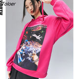 Women Sweatshirts with Hat 2022 Spring O Neck Loose Hoodies Galaxy Girl Print Chic Casual Unique Design