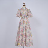 Court Style High Design Feeling Heavy Industry Nail Drill Short Sleeve Single Buckle Dress +