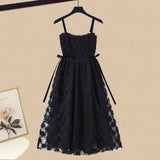 2023 Summer New Elegant Women's Dress Set Sexy Lace Chiffon Shirt Black Suspender Dress Two-piece Set Female Skirt