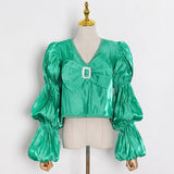 Vintage Solid Shirt For Women V Neck Lantern Sleeve Fold Pleated Slimming Shirts Female 2022 Spring Clothing