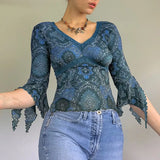 Rockmore Lace Mesh Crop Top Vintage Frill Print T Shirt Women Autumn V Neck Slim Pullovers Harajuku Tshirt Grunge