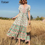 V-Neck Short Sleeve Summer Dress Floral Printed Bohemian Maxi Dresses Casual Beach Women Clothing 2023 Female