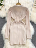 Women Dress 2023 New Spring Fashion Solid Turn down Collar Long Sleeve Twist Front Empire Folded Mini Party Bodycon Dress
