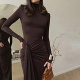 Turtleneck Long Sleeve Wrap Maxi Dress-Outfit