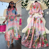 Actress High-End Printing Set Female Lantern Sleeve Buckle Shirt + High Waist Swing Half Body