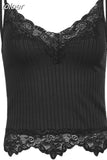 Lace Patchwork Brown Crop Top Y2k Clothes Fairy Grunge Style Cropped Tees Cami Ribbed Knitted Tank Tops