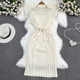 Summer French Retro Temperament Polo Collar Loose Belt A-Word Knitted Dress Casual