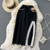 Splice Lace Jeans Women Skirt 2022 Beading Packet Split Button Y2K Fashion Sexy Ladies A Line Korean Long