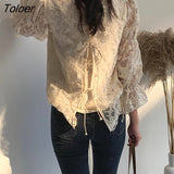 Embroidered Lace Women's Shirt Flare Sleeve Crochet Floral Blouse Casual Fashion Elegant Chiffon Shirt Spring New