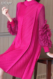 Appliques Dress For Female Half High Collar Puff Sleeve Straight Loose Waist Fold Pleated Dresses Women 2023 Spring