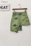Fashion Women's Skirt High Waist Patchwork Irregular Mini Above Knee Tie-dyed Green Denim Skirts Spring 2023 New