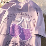 Big Luxury Cherry Embroidery Cute T Shirts Korean Fashion Brand Streetwear Oversized Tees Tops 2022 Summer Cotton