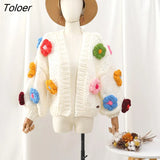 Bohemian Women Cardigan Tops three-dimensional Pattern Hand knitted Sweater V-Neck Puff Sleeve Loose Winter Sweaters