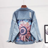 Style Print Women's Denim Jacket Coat Diamonds Hole BF Jeans Outwear Female Spring Autumn Casual Loose Cowboy