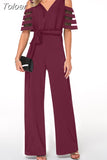Women Sexy Off The Shoulder Wide Leg Jumpsuit Summer V Neck Loose Jumpsuits Elegant Office Lady Belt Vetidos Mujer