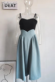 2023 Autumn Women's Dress New Fashion Beading Strap Slim Contrast Color Mid-calf A-line Dresses Elegant Female Tide
