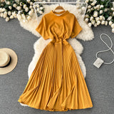 Summer Women Pleated Dress Vintage Round Neck Hollow Out Short Sleeve High Waist Casual Vestidos Elegant Draped Purple/Red