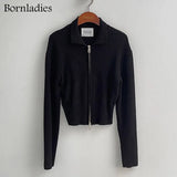 Korean Style Autumn Kintted Caidigans for Women Silm Waist Zipper Short Green Sweater Tops Chic Long Sleeve