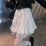 Kawaii Fashion White Mini Skirt Women Lace Ruffle Patchwork Japanese Cute Fairycore High Waist Lolita Skirt Tutu