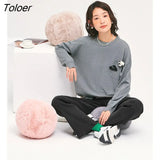 Women Sweaters 2022 Autumn Long Sleeves O Neck Loose Knitted Pullover with Detachable Panda Pin Gray Casual Chic