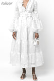 Elegant Long Dresses For Women V Neck Puff Long Sleeve Patchwork Lace Temperament Maxi Female 2023 Spring Fashion
