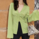 Slim Shirts For Women V Neck Long Sleeve Single Breasted Minimalist Solid Blouse 2022 Fashion New Summer